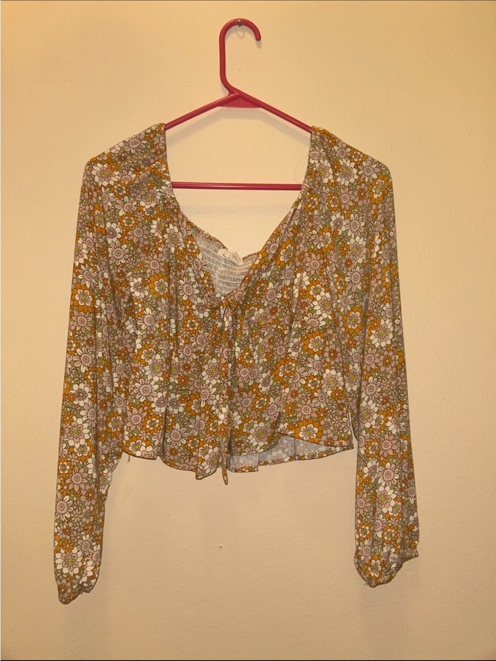 Floral Tie-Front Long Sleeve Crop Top - Mustard White